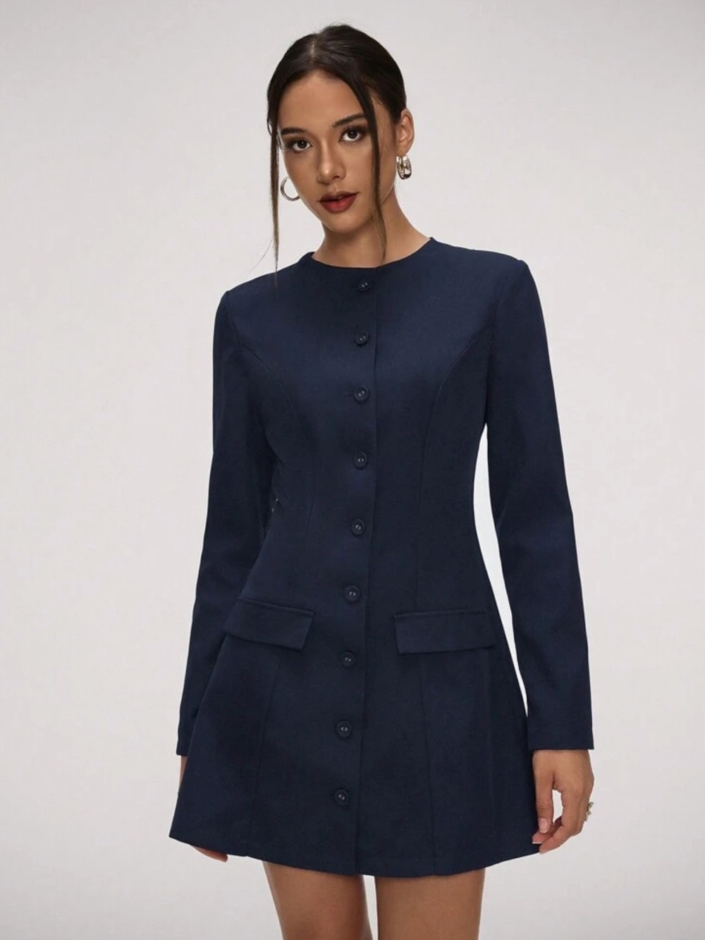 Navy Button-Front Long Sleeve Mini Dress